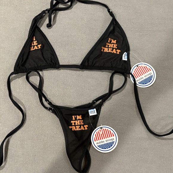 Malibu Strings Black Sheer Bikini Set with Orange Text - I Am The Treat. - Picture 1 of 5